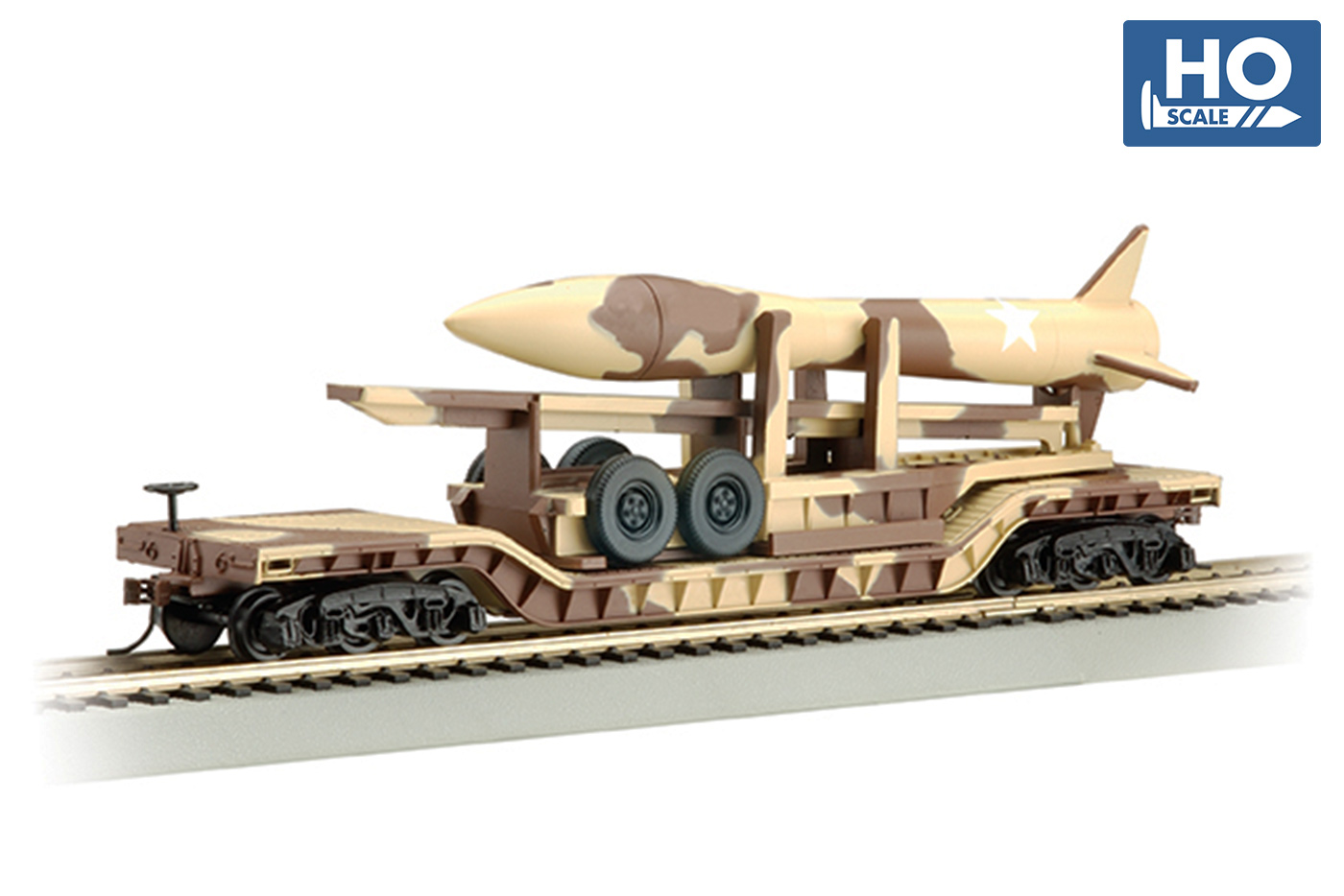 52' Center-depressed Flat Car - Desert Camouflage With Missile - Click Image to Close