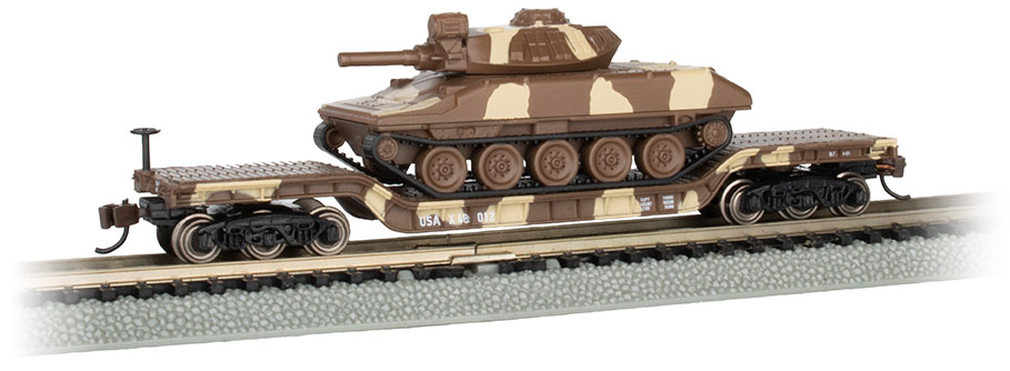 52’ Center-Depressed Flat Car - Desert Camo With Sheridan Tank N - Click Image to Close