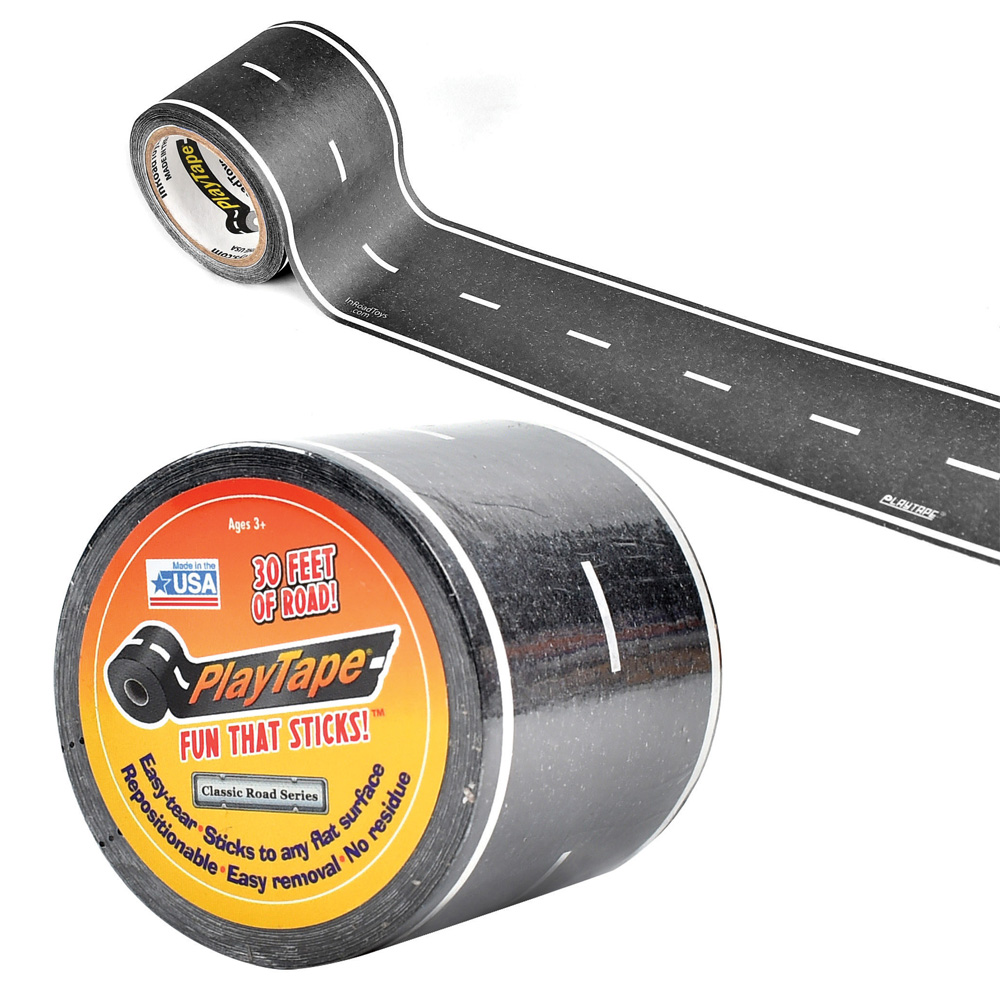 PlayTape Road Tape for Toy Cars - Sticks to Flat Surfaces, No Residue; 30  ft. x 2 in. Black Road