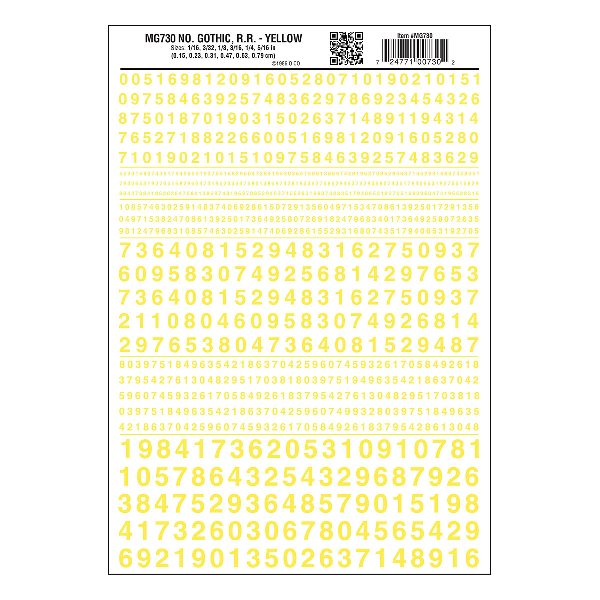 MG730 Numbers Gothic R.R. Yellow Decals