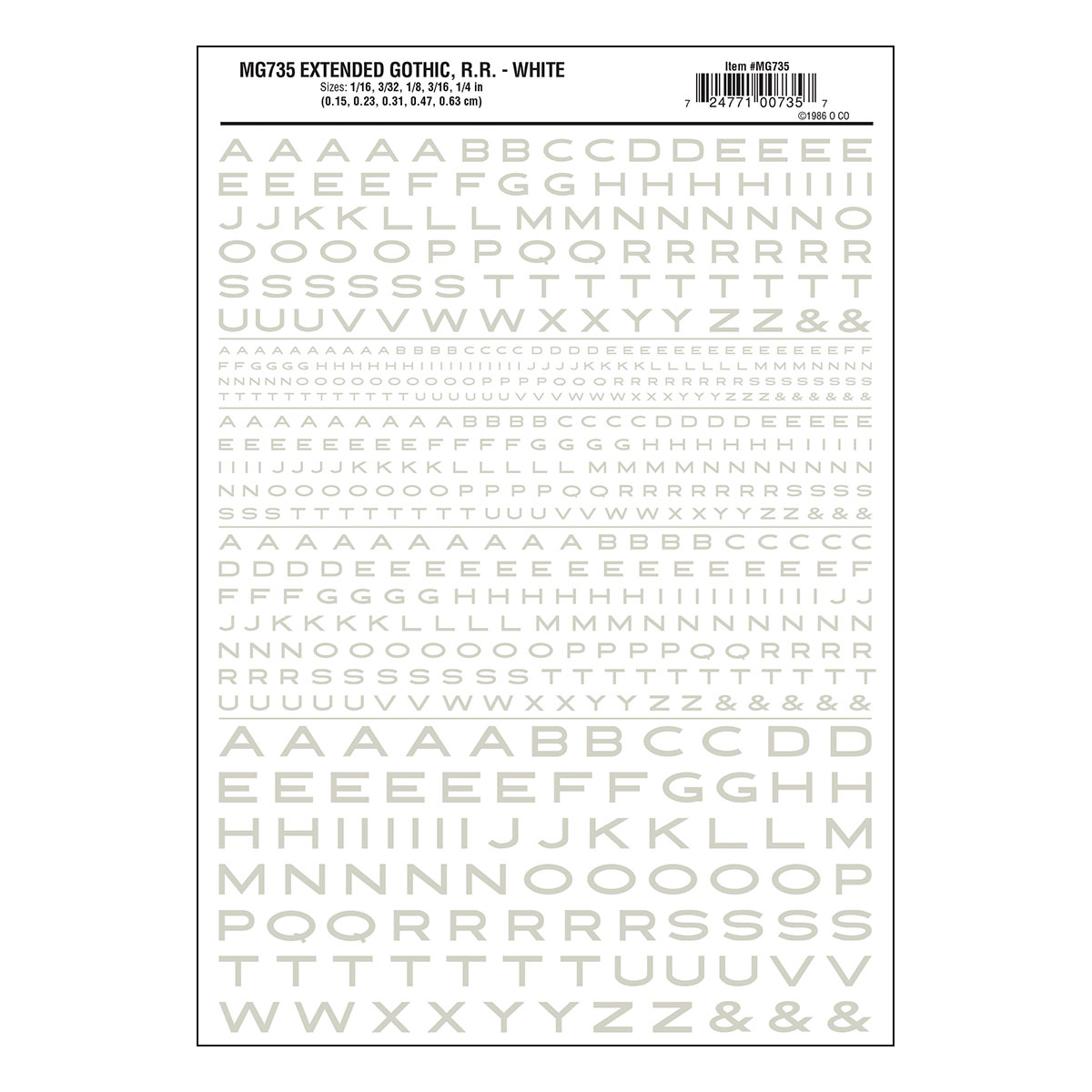 MG735 Extended Gothic R.R. White Decals - Click Image to Close