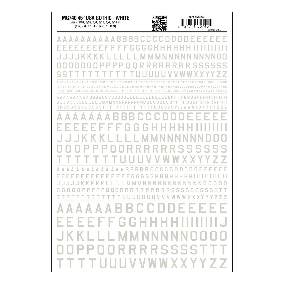 MG740 45° USA Gothic White Decals - Click Image to Close