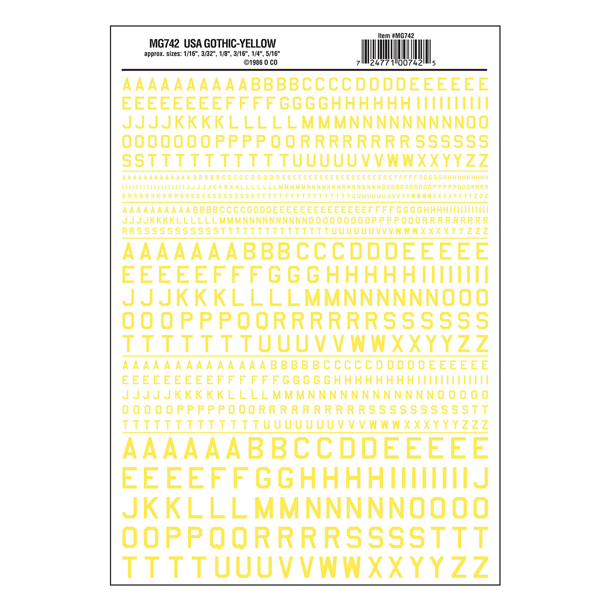 MG742 45° USA Gothic Yellow Decals - Click Image to Close