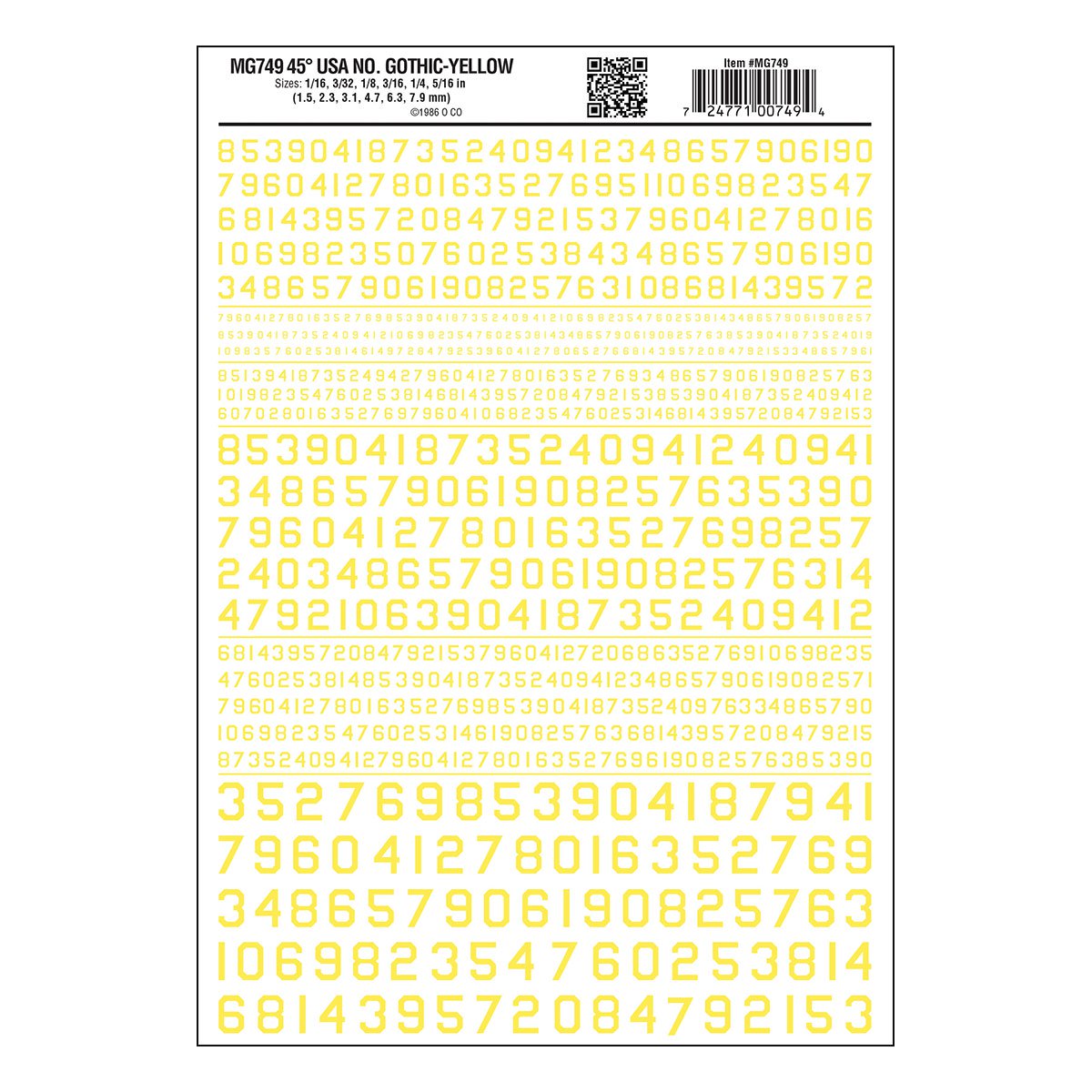 MG749 Numbers 45° USA Gothic Yellow Decals