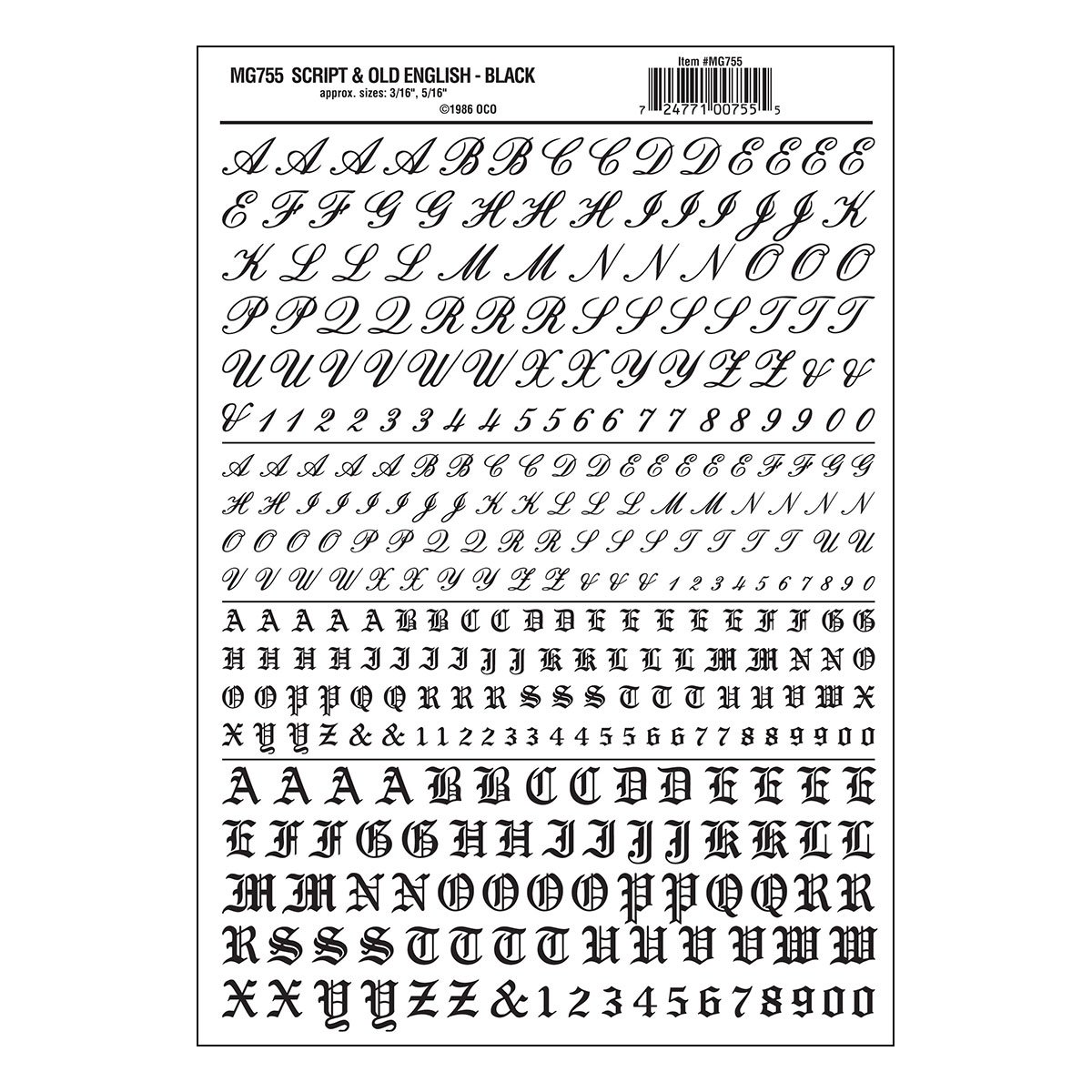 MG755 Script & Old English Black Decals