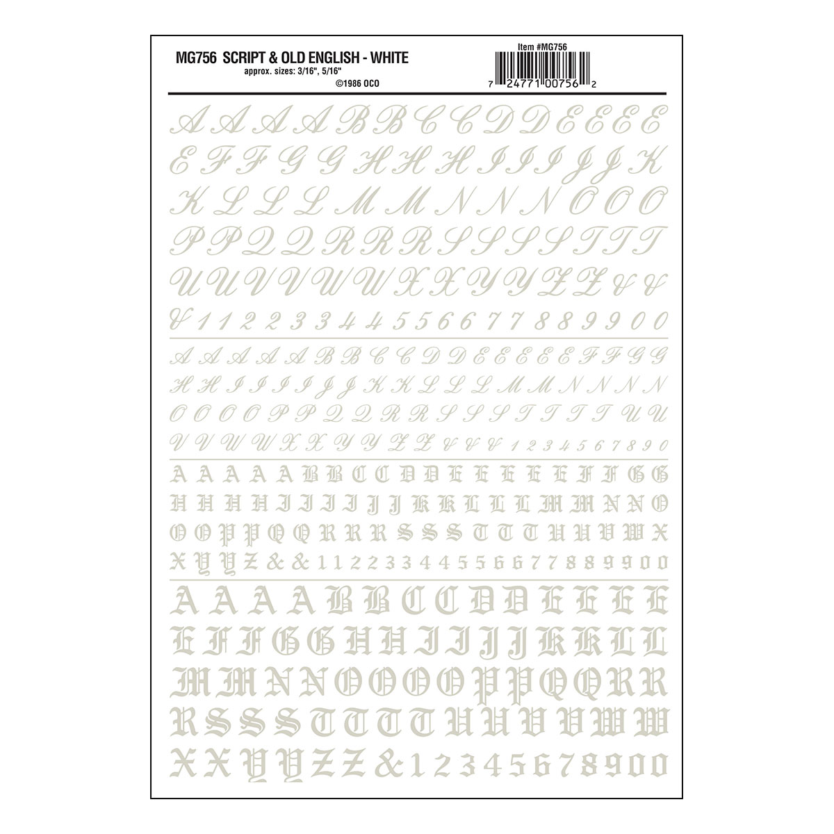 MG756 Script & Old English White Decals - Click Image to Close