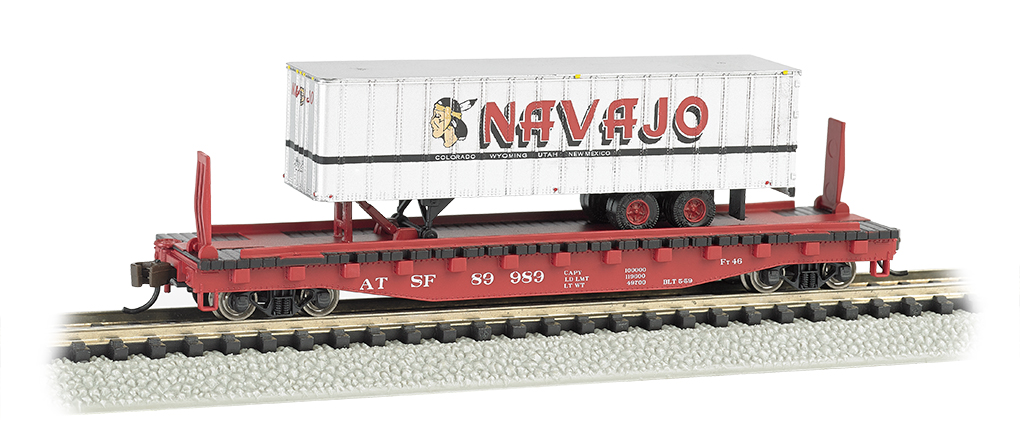 Santa Fe 52ft flat car w/ Navajo Freight Lines 35ft Trailer (N)