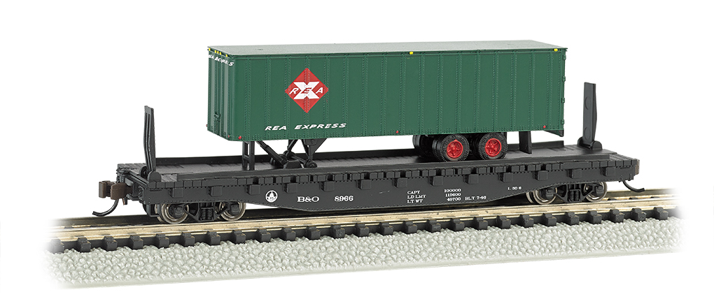 B&O® 52ft flat car w/Railway Express Agency 35ft Trailer N Scale