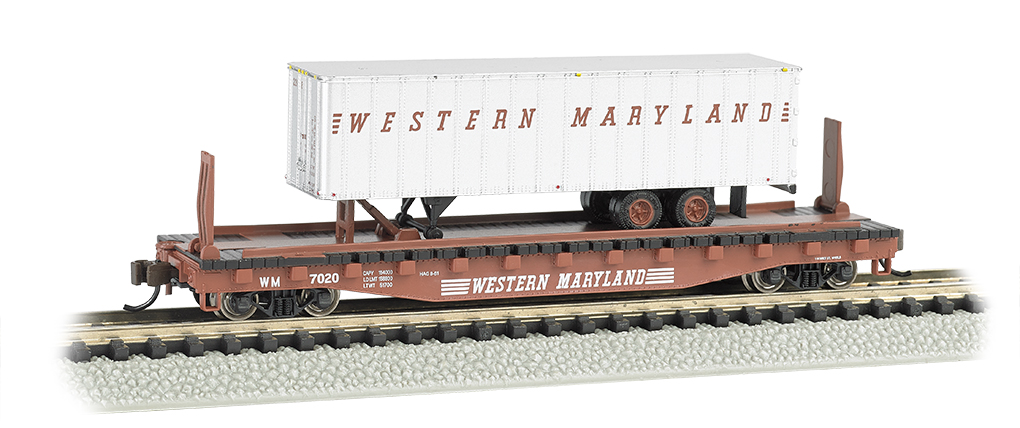 Western Maryland® 52ft flat car w/ WM 35ft Trailer (N Scale) - Click Image to Close